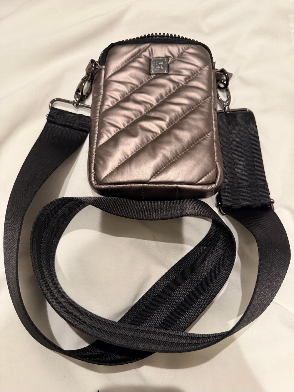 THINK ROYLN Metallic Quilted Crossbody Bag - Bronze with Black Strap